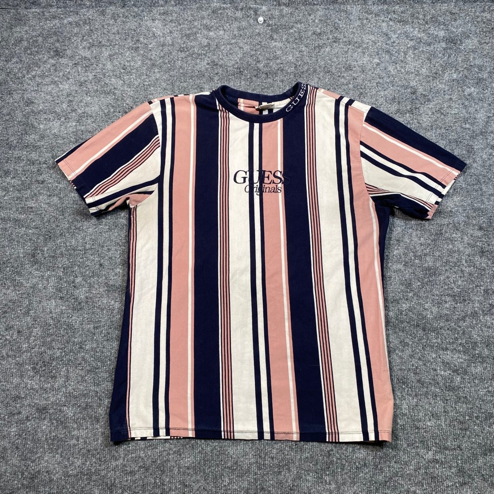 Guess Originals Mens Vertical Stripe T-Shirt Navy Pink White Small Logo Tee